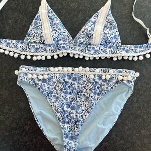 Blue Floral Bikini with Pom Pom Trim